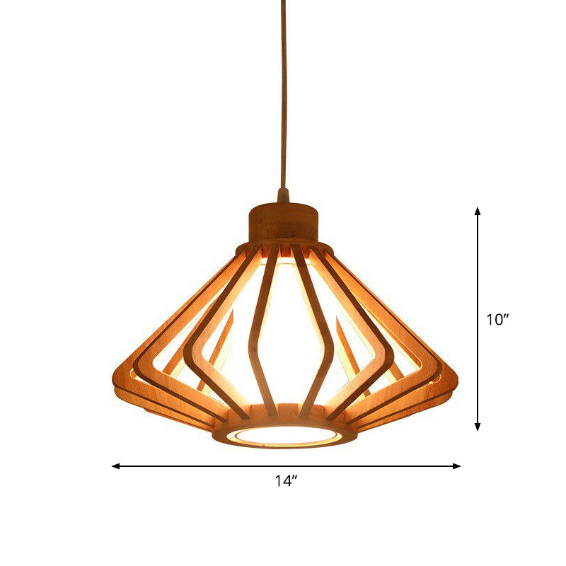 Asian-inspired Wood Bowl/Lantern Hanging Light in Beige - 1-Light Down Lighting Pendant for Restaurants