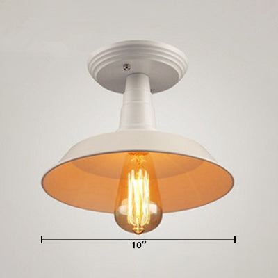 Metallic Ceiling Mounted Industrial Light With White Barn Shade - Semi Mount 10/14 Width