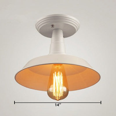 Metallic Ceiling Mounted Industrial Light with White Barn Shade - Semi Mount, 10"/14" Width