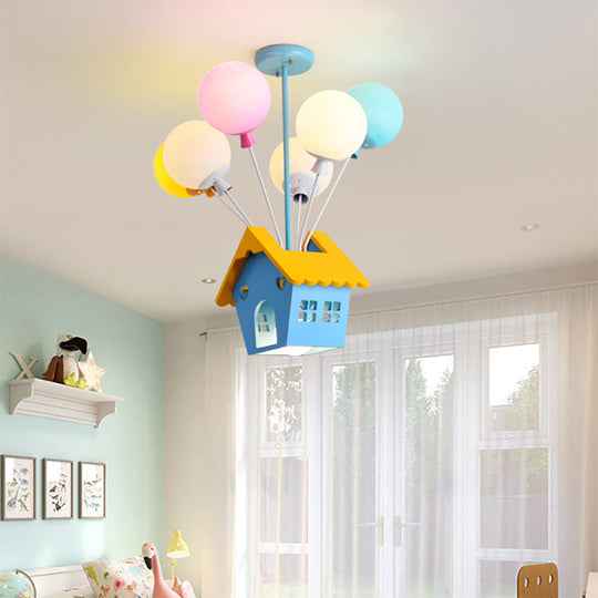 Wooden Balloon Cartoon Chandelier - Colorful 7-Head Pendant Light In Blue For Kids Room