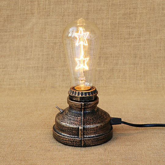 Industrial Aged Brass Table Lamp With Bare Bulb And Plug In Cord