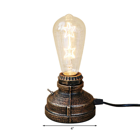 Industrial Aged Brass Table Lamp With Bare Bulb And Plug In Cord