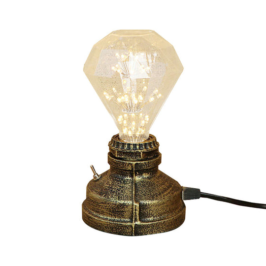 Industrial Aged Brass Table Lamp With Bare Bulb And Plug In Cord