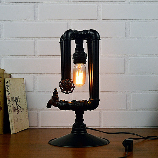 Industrial Metal Water Pipe Table Lamp - Polished Black Finish With Faucet And Valve