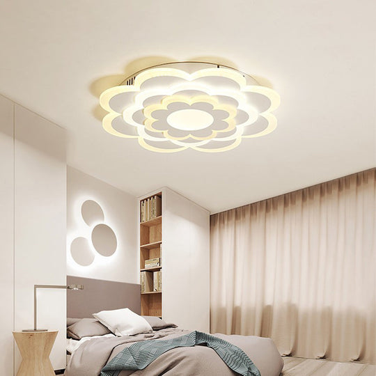 Modern White Bedroom Ceiling Light with Flower Acrylic Shade, LED Flush Mount Lamp - Warm/White Light