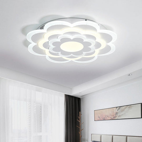 Modern White Bedroom Ceiling Light with Flower Acrylic Shade, LED Flush Mount Lamp - Warm/White Light