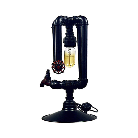 Industrial Metal Water Pipe Table Lamp - Polished Black Finish With Faucet And Valve