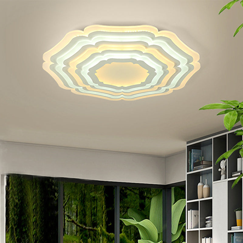 Modern White Floral Layer Led Flush-Mount Light Fixture For Living Room - 8/19.5/39 Wide