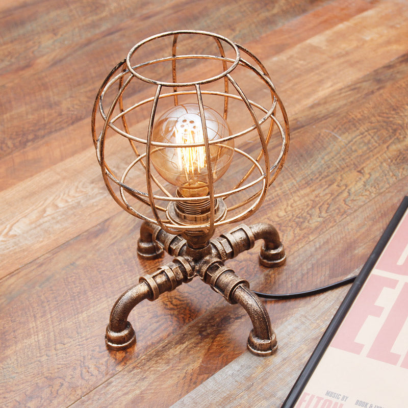 Metal Ball Cage Table Lamp With Pipe-Like Base - Industrial Style Mini Light Antique Bronze Finish 1