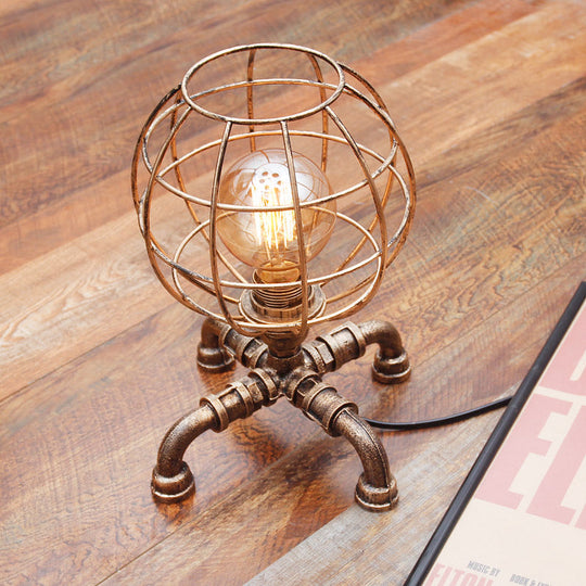 Metal Ball Cage Table Lamp With Pipe-Like Base - Industrial Style Mini Light Antique Bronze Finish 1