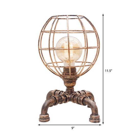 Metal Ball Cage Table Lamp With Pipe-Like Base - Industrial Style Mini Light Antique Bronze Finish 1