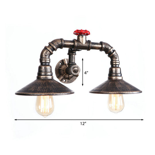 Conical Rustic Iron Wall Sconce With Industrial Pipe And Valve - 2-Light Farmhouse Fixture In