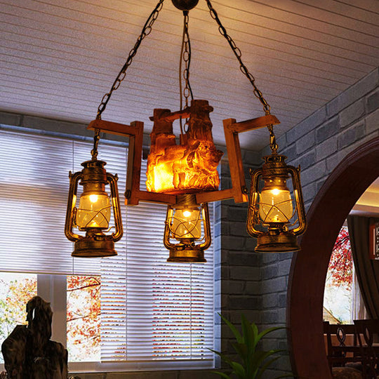 Brass Metal Lantern Pendant Light - Loft Style 3-Light Chandelier For Restaurants