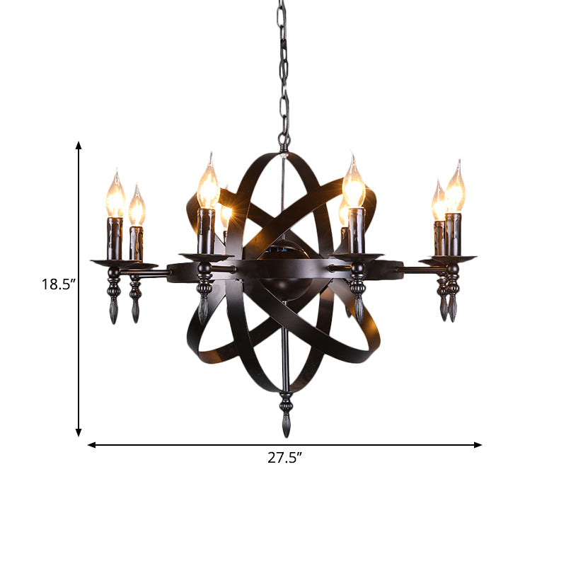 Metallic Chandelier with Spherical Cage Shade - Vintage 6/8 Head Ceiling Light for Restaurants in Black/Rust