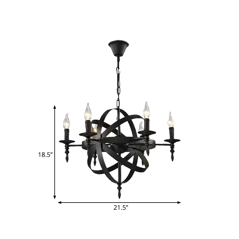 Metallic Chandelier with Spherical Cage Shade - Vintage 6/8 Head Ceiling Light for Restaurants in Black/Rust