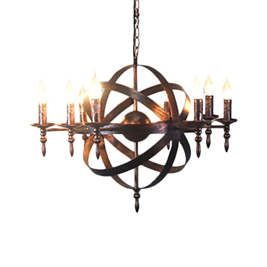 Metallic Chandelier with Spherical Cage Shade - Vintage 6/8 Head Ceiling Light for Restaurants in Black/Rust