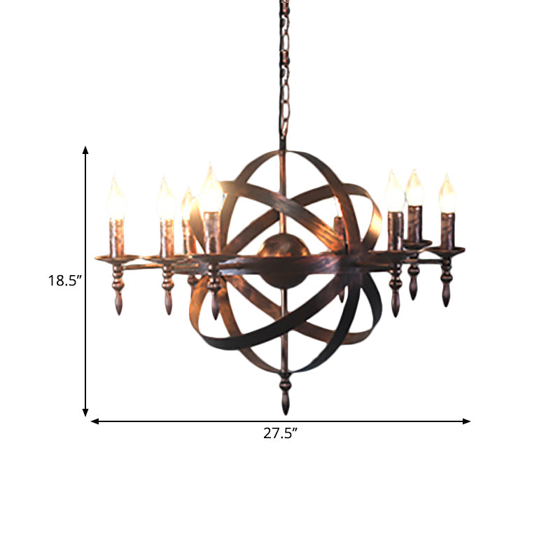 Metallic Chandelier with Spherical Cage Shade - Vintage 6/8 Head Ceiling Light for Restaurants in Black/Rust