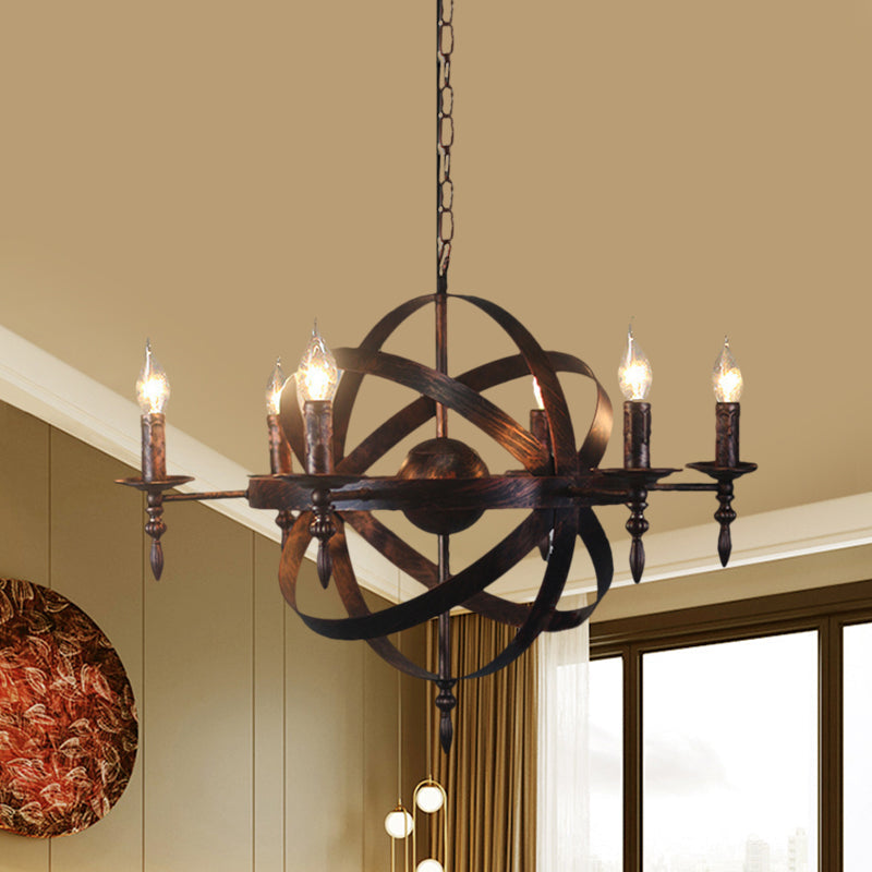 Metallic Chandelier with Spherical Cage Shade - Vintage 6/8 Head Ceiling Light for Restaurants in Black/Rust