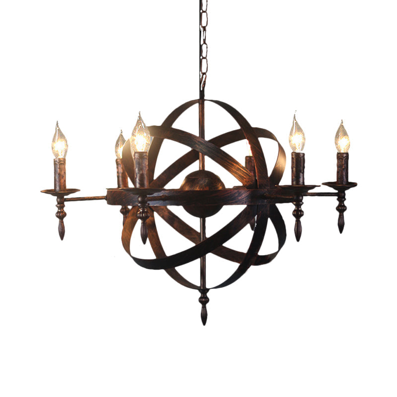 Metallic Chandelier with Spherical Cage Shade - Vintage 6/8 Head Ceiling Light for Restaurants in Black/Rust