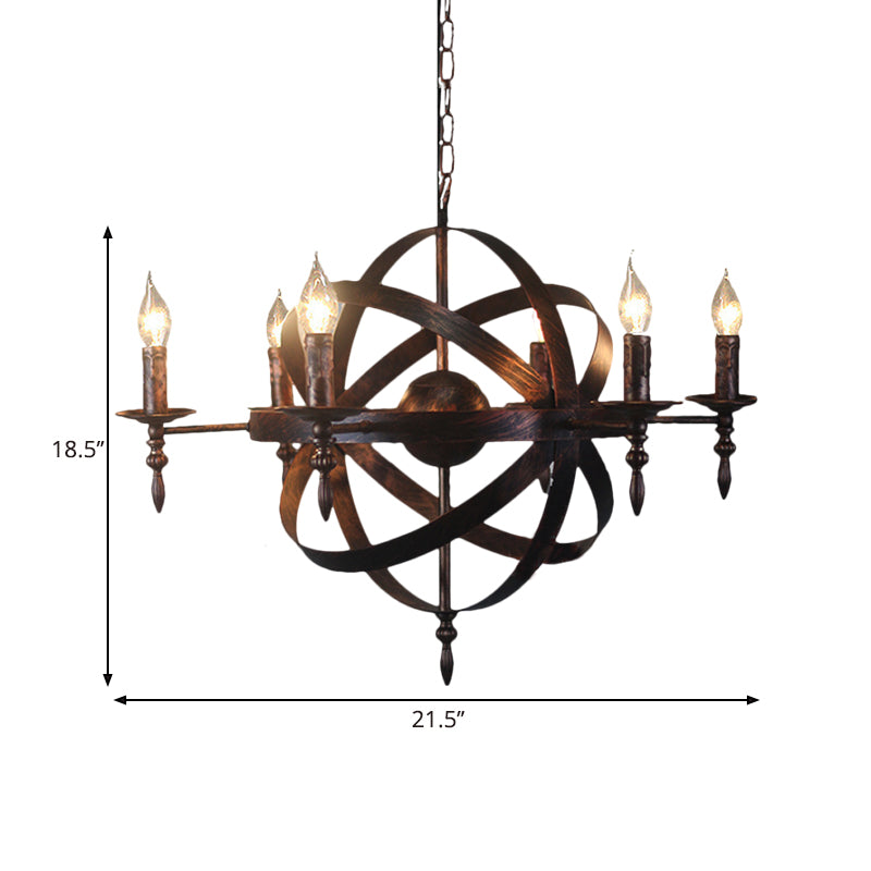 Metallic Chandelier with Spherical Cage Shade - Vintage 6/8 Head Ceiling Light for Restaurants in Black/Rust