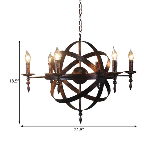 Metallic Chandelier with Spherical Cage Shade - Vintage 6/8 Head Ceiling Light for Restaurants in Black/Rust