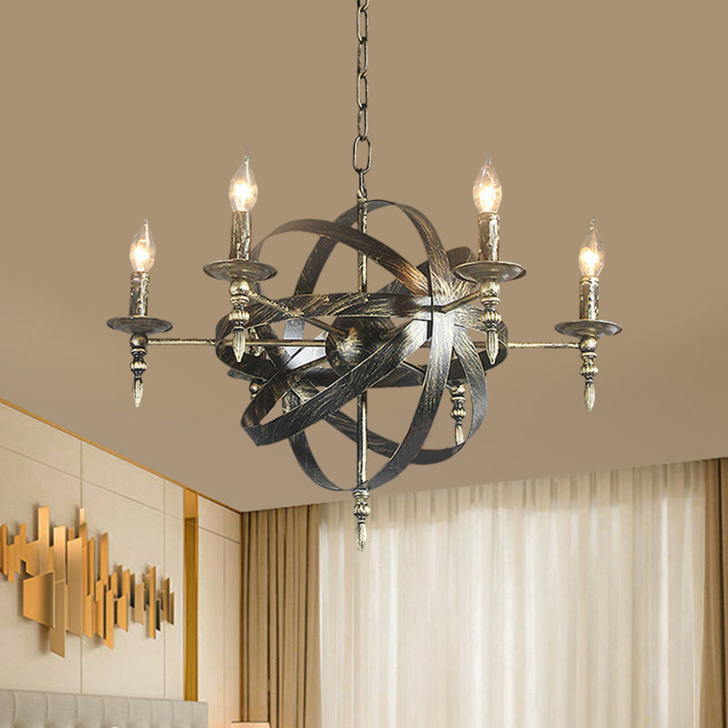 Metallic Chandelier with Spherical Cage Shade - Vintage 6/8 Head Ceiling Light for Restaurants in Black/Rust