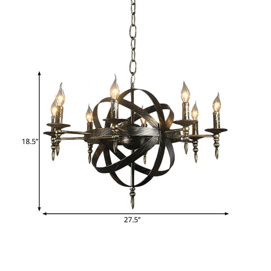 Metallic Chandelier with Spherical Cage Shade - Vintage 6/8 Head Ceiling Light for Restaurants in Black/Rust