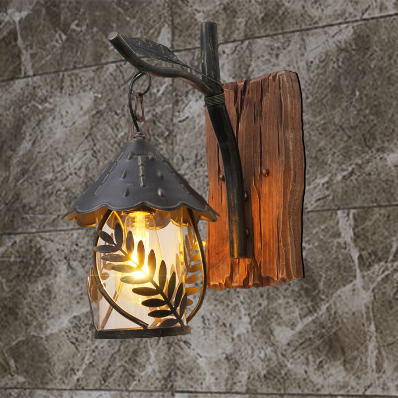 Industrial Living Room Sconce: One Bulb Wall Light With Clear Glass Cylinder Shade And Leaf Branch