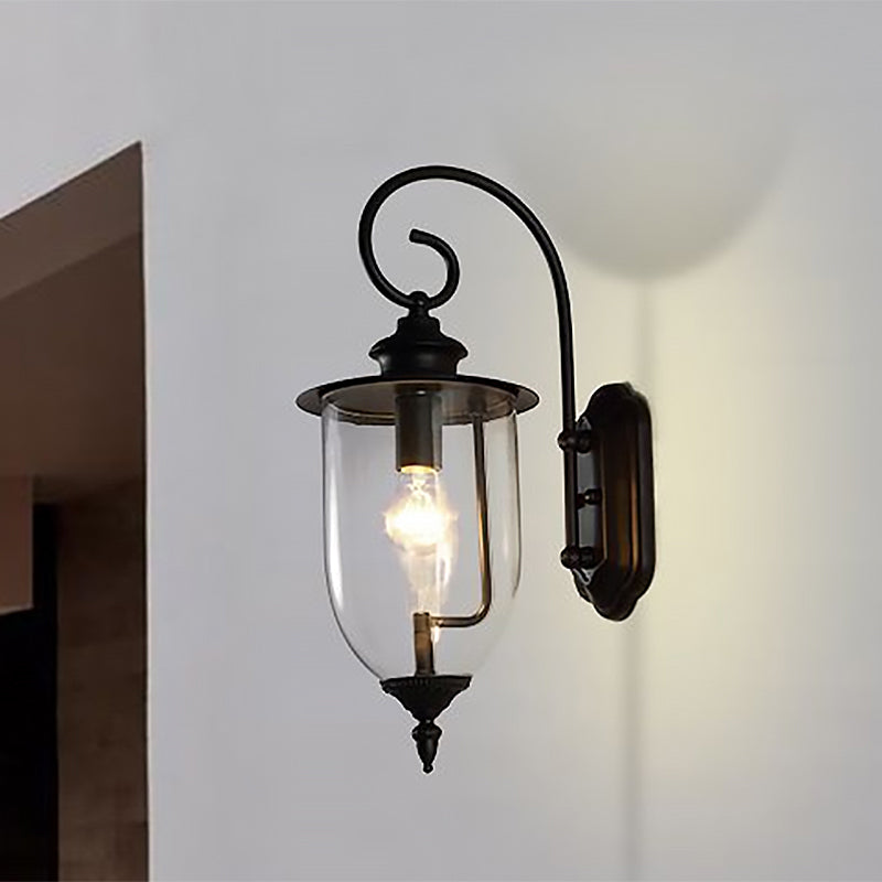 Outdoor Clear Glass Wall Mounted Lamp - Industrial Single Bulb Sconce Light With Curved Arm