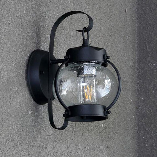 One Bulb Industrial Porch Sconce Lighting Fixture With Bubble Glass Cylinder/Lantern Shade In Black