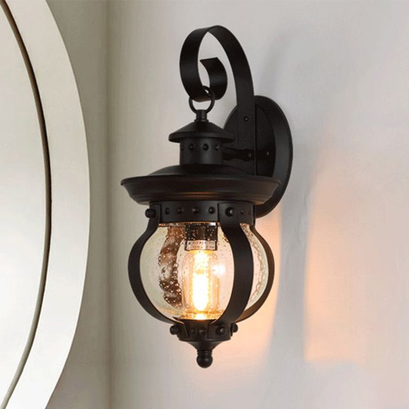 Industrial Seeded Glass Wall Lamp With Curved Arm For Bedroom - Single Bulb Sconce Light