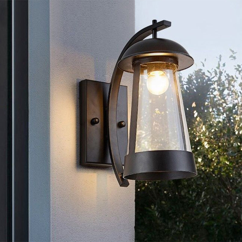 Clear Glass Wall Sconce - Industrial Black Cone Outdoor Lighting Fixture