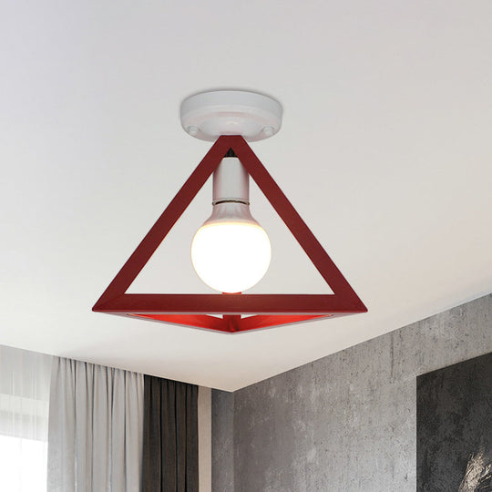 Triangle Ceiling Fixture with Cage Shade, Loft-Style, 1-Bulb Metal Semi-Flush Mount Light – Black/Red