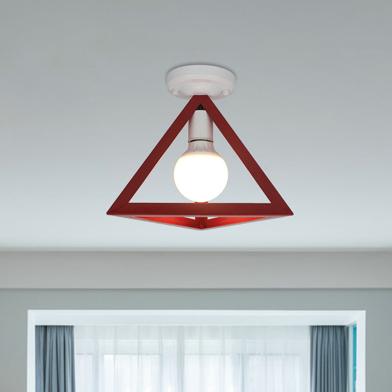 Triangle Ceiling Fixture with Cage Shade, Loft-Style, 1-Bulb Metal Semi-Flush Mount Light – Black/Red