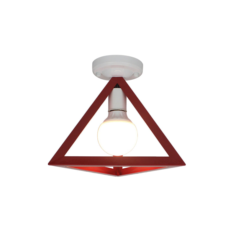 Triangle Ceiling Fixture with Cage Shade, Loft-Style, 1-Bulb Metal Semi-Flush Mount Light – Black/Red