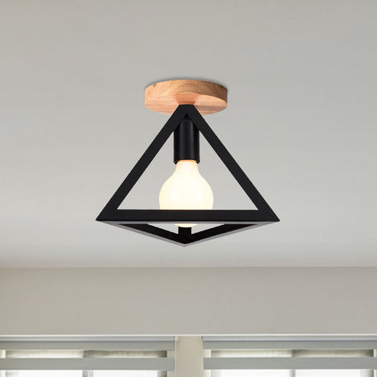 Triangle Ceiling Fixture with Cage Shade, Loft-Style, 1-Bulb Metal Semi-Flush Mount Light – Black/Red