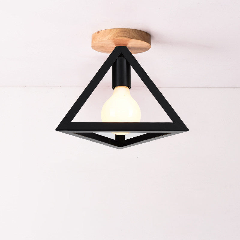 Triangle Ceiling Fixture with Cage Shade, Loft-Style, 1-Bulb Metal Semi-Flush Mount Light – Black/Red