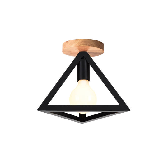 Triangle Ceiling Fixture with Cage Shade, Loft-Style, 1-Bulb Metal Semi-Flush Mount Light – Black/Red