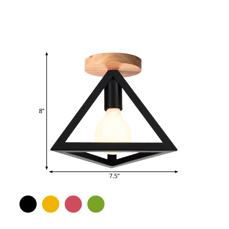 Triangle Ceiling Fixture With Cage Shade Loft-Style 1-Bulb Metal Semi-Flush Mount Light Black/Red