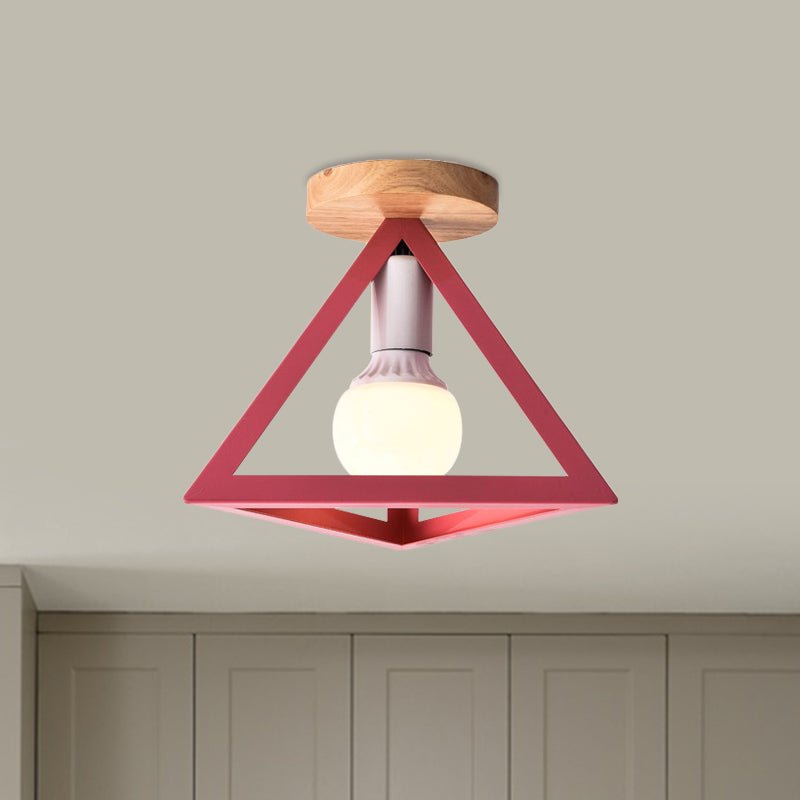 Triangle Ceiling Fixture With Cage Shade Loft-Style 1-Bulb Metal Semi-Flush Mount Light Black/Red