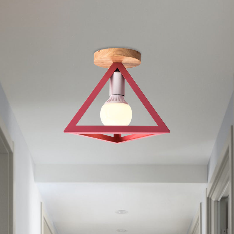 Triangle Ceiling Fixture with Cage Shade, Loft-Style, 1-Bulb Metal Semi-Flush Mount Light – Black/Red