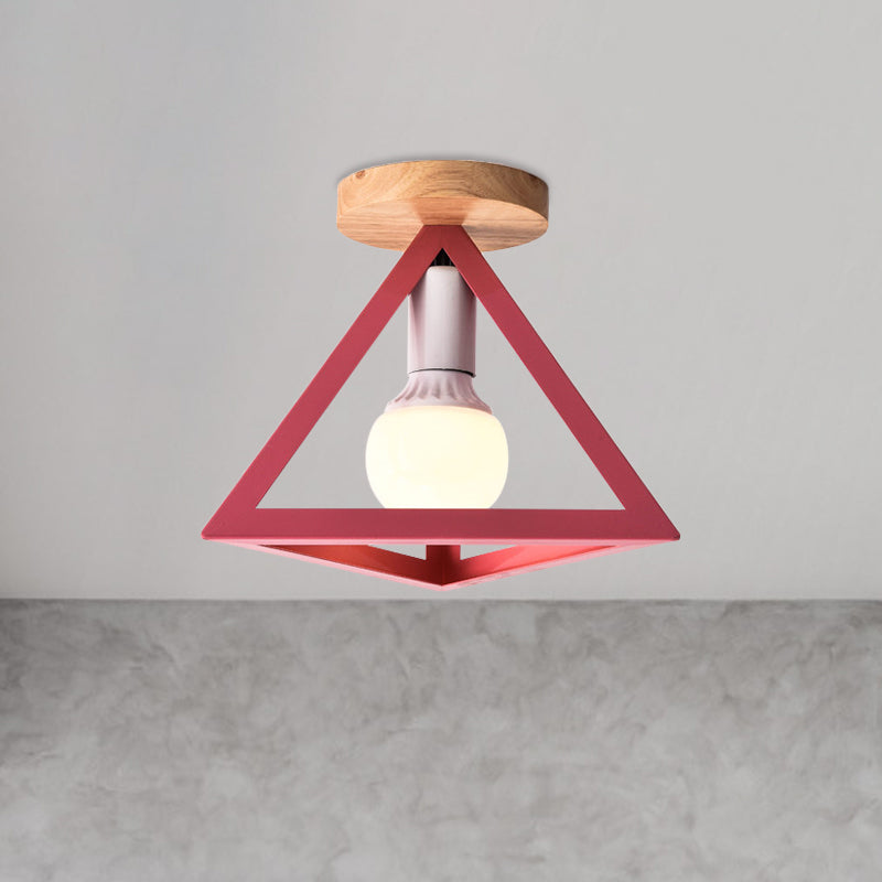 Triangle Ceiling Fixture with Cage Shade, Loft-Style, 1-Bulb Metal Semi-Flush Mount Light – Black/Red