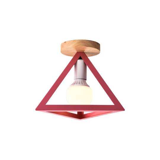 Triangle Ceiling Fixture with Cage Shade, Loft-Style, 1-Bulb Metal Semi-Flush Mount Light – Black/Red