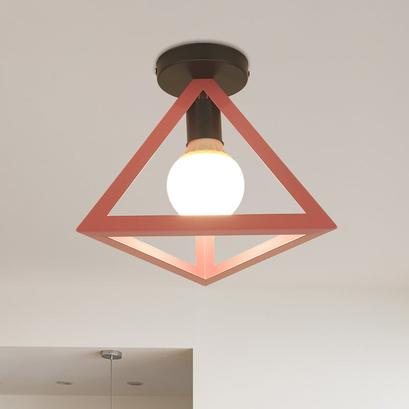 Triangle Ceiling Fixture with Cage Shade, Loft-Style, 1-Bulb Metal Semi-Flush Mount Light – Black/Red