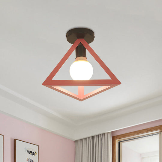 Triangle Ceiling Fixture with Cage Shade, Loft-Style, 1-Bulb Metal Semi-Flush Mount Light – Black/Red