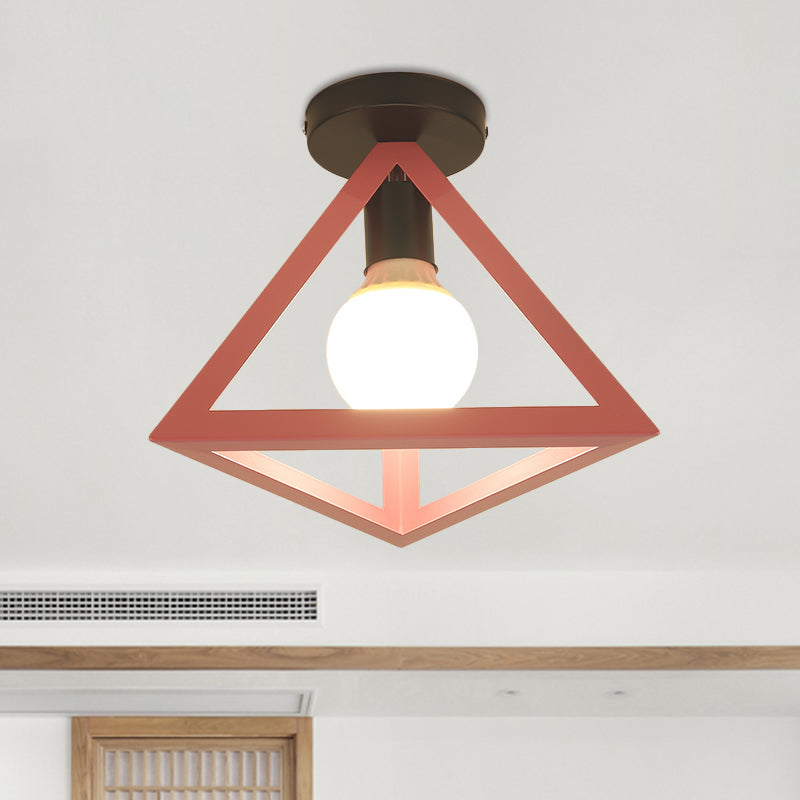 Triangle Ceiling Fixture with Cage Shade, Loft-Style, 1-Bulb Metal Semi-Flush Mount Light – Black/Red