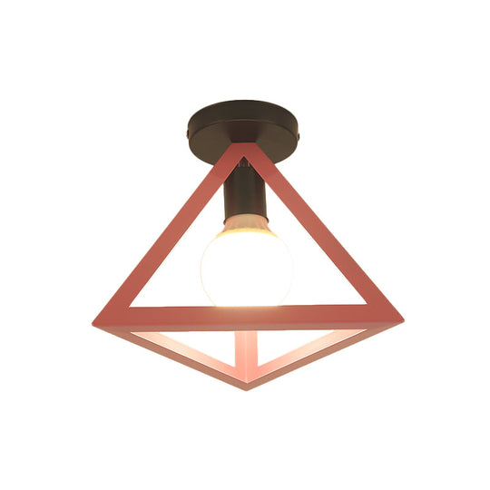 Triangle Ceiling Fixture with Cage Shade, Loft-Style, 1-Bulb Metal Semi-Flush Mount Light – Black/Red