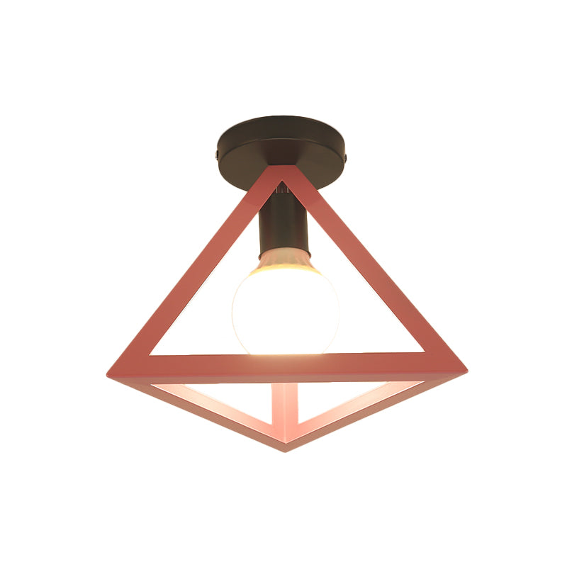 Triangle Ceiling Fixture With Cage Shade Loft-Style 1-Bulb Metal Semi-Flush Mount Light Black/Red