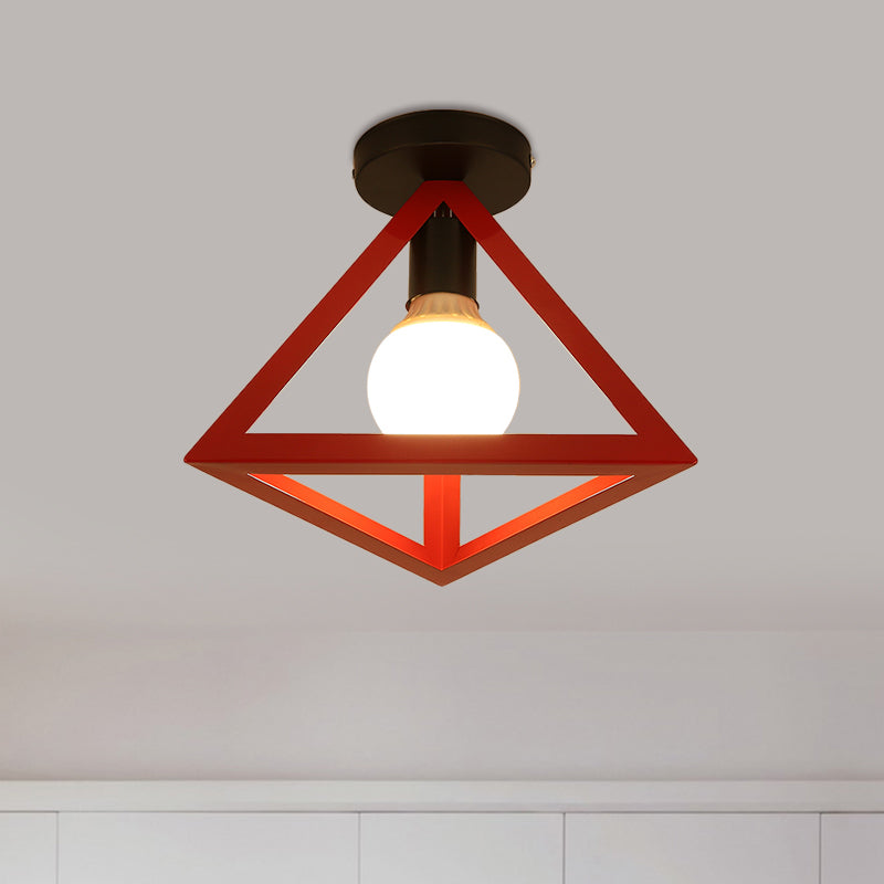 Triangle Ceiling Fixture with Cage Shade, Loft-Style, 1-Bulb Metal Semi-Flush Mount Light – Black/Red