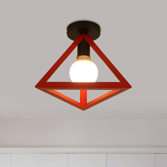 Triangle Ceiling Fixture with Cage Shade, Loft-Style, 1-Bulb Metal Semi-Flush Mount Light – Black/Red